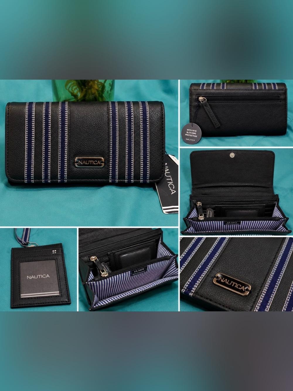 NWT Nautica Black & Navy Stripe RFID Wallet with Removable ID Holder